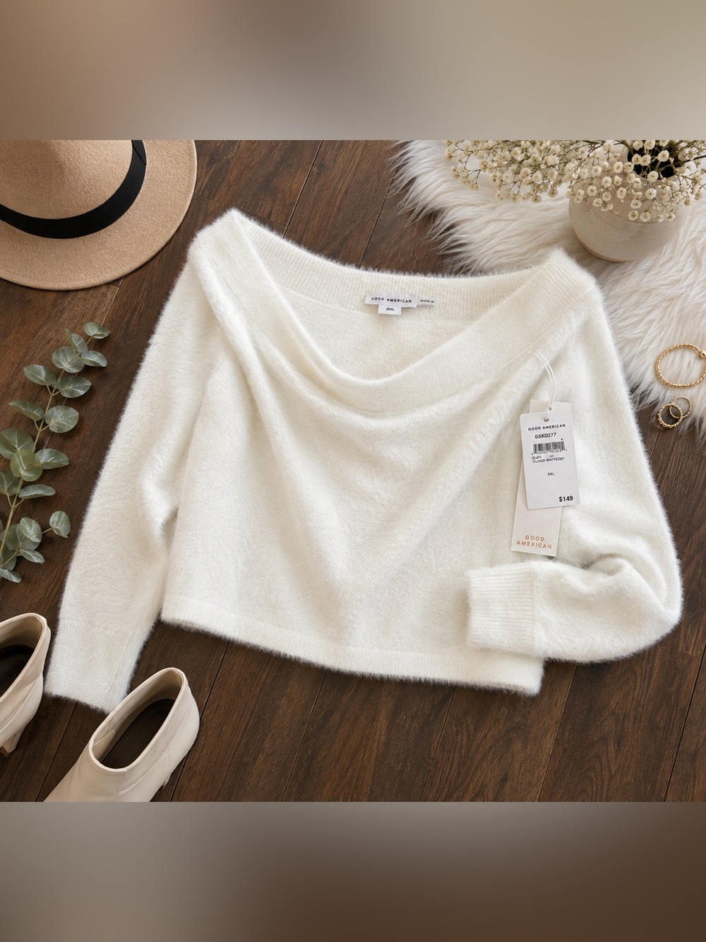 Good American Cloud White Fuzzy Off Shoulder Sweater 3XL NWT $149